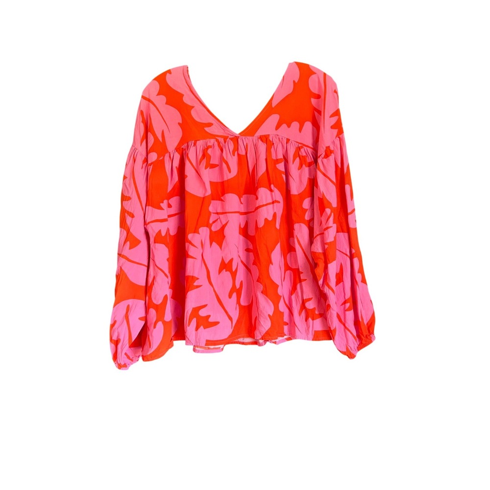 Michelle McDowell Pink Orange Tropical Leaf Babydoll Blouse Small V-Neck Top